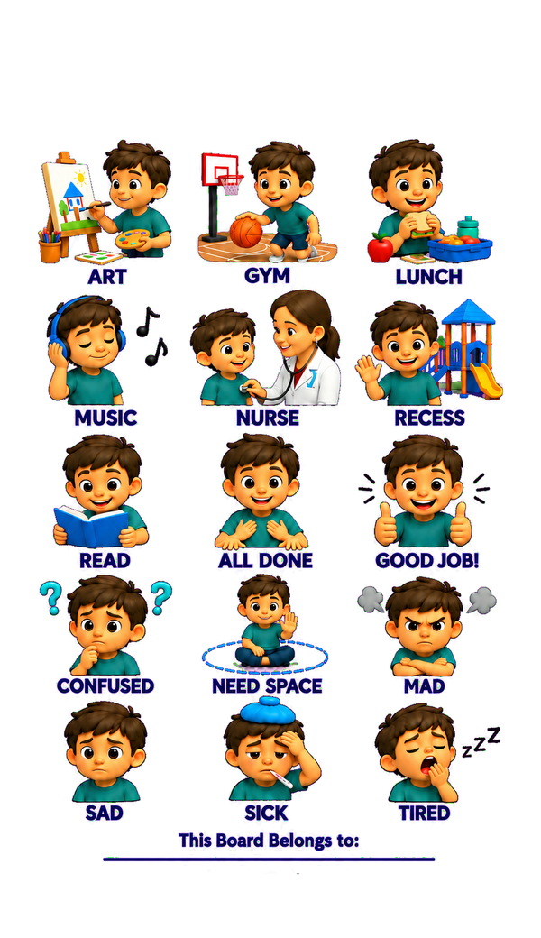 Back of the card with 15 pictures: Art, Gym, Lunch, Music, Nurse, Recess, Read, All done, Good job, Confused, Need space, Mad, Sad, Sick, Tired, and a line for the child's name.